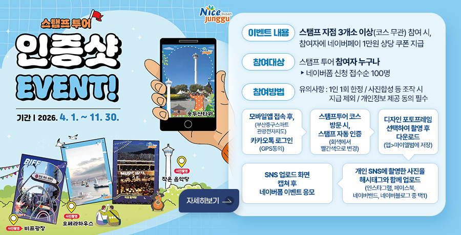 스탬프투어 인증샷 EVENT!
기간 : 2026. 4. 1. ~ 11. 30.
사진촬영 : 비프광장
사진촬영 : 오페라하우스
사진촬영 : 작은 음악당
용두산타워
이벤트 내용 : 스탬프 지점 3개소 이상(코스 무관) 참여 시, 참여자에 네이버페이 1만원 상당 쿠폰 지급
참여대상 : 스탬프 투어 참여자 누구나 ▶ 네이버폼 신청 접수순 100명
참여방법 : 유의사항 : 1인 1회 한정/사진합성 등 조작 시 지급 제외/개인정보 제공 동의 필수
모바일앱접속 후,(부산중구스마트관광전자지도) 카카오톡로그인(GPS동의) ▶스탬프투어 코스 방문 시, 스탬프 자동 인증 (회색에서 빨간색으로 변경) ▶
디자인 포토프레임 선택하여 촬영 후 다운로드 (앱 - 마이앨범에 저장) ▶ 개인 SNS에 촬영한 사진을 해시태그와 함께 업로드 (인스타그램, 페이스북, 네이버밴드, 네이버블로그 중 택1) ▶ SNS 업로드 화면 캡쳐 후 네이버폼 이벤트 응모
자세히보기